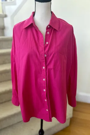 Maeve Hot Pink Oversize Long Sleeve Button Down Cotton Blouse thumbnail 1
