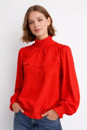H&M Red Ruffle Mock-Neck Blouse thumbnail 1