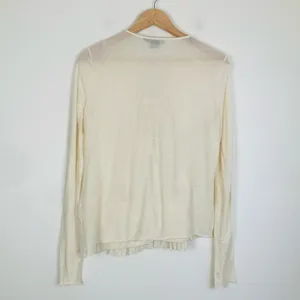 Ralph Lauren ultra fine knit semi-sheer ivory knit long sleeve ruffle top. Large thumbnail 3