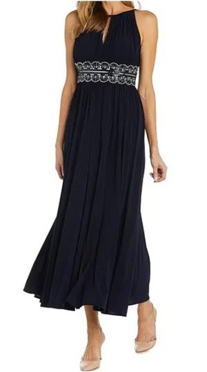 NEW R&M Richards 1289 Maxi Dress Navy Beaded Waist Formal Womens Size 8 thumbnail 1