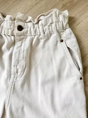 ZARA Ivory Cream Beige Baggy Paperbag High Waisted Denim Jeans thumbnail 2
