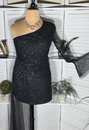 Shein mini dress black sparkle one shoulder sheer cocktail glam whimsigoth sz 1X thumbnail 1