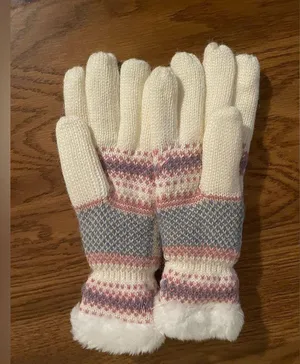 Women White Knitted Gloves With Pink and Blue Isle Pattern thumbnail 3