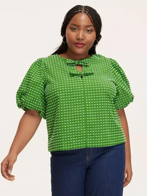 Kate Spade Bright Green Puff-Sleeve Bow-Tie Blouse thumbnail 1