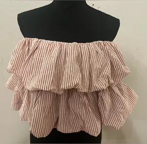 Anthropologie Striped Off-Shoulder Ruffle Bubble Top in Blush and White Size S thumbnail 1