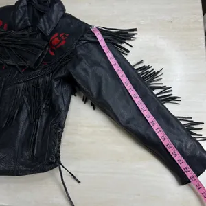 Womens Black Leather Fringe Motorcycle Jacket Red Rose Embroidery Western Size M thumbnail 11