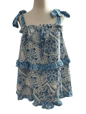 Davi & Dani Women Size Medium Square Neck Ruffles Blue White (33-472) thumbnail 1