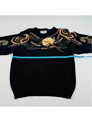 1980’s Christine Gerard Black Gold Sequin Beaded Embellished Sweater Size S thumbnail 6