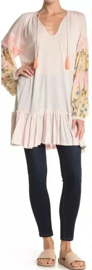 Anthropologire Free People Mix it Up tunic dress pale pink contrast sleeves sz thumbnail 1