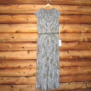 Mac Duggal Size 12 Silver Gray Gold Beaded Cap Sleeve Column Gown Maxi Dress thumbnail 6