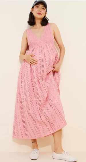 Maison Amory Maternity Sleeveless Eyelet Maxi Dress Pink Cotton Crocheted Sz S thumbnail 1