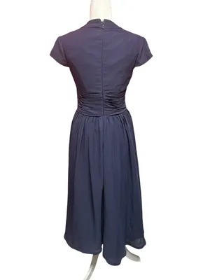 JJ’s House Elegant Deep Navy V-Neck Cap-Sleeves Midi Dress with Ruched Waist thumbnail 2
