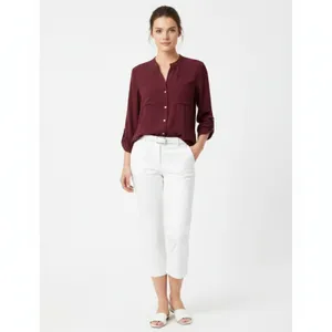 100% Silk Max Studio Burgundy Button Close Long Sleeve Colarless Blouse Top M thumbnail 8