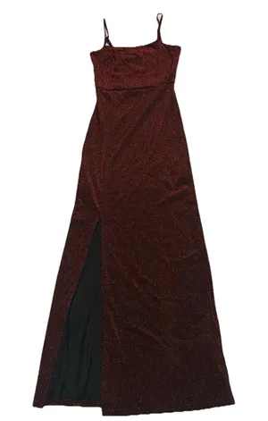 NWT Shein Burgundy Glitter Maxi Dress NWT- Split Thigh Bodycon Prom Gown Sz XS thumbnail 1