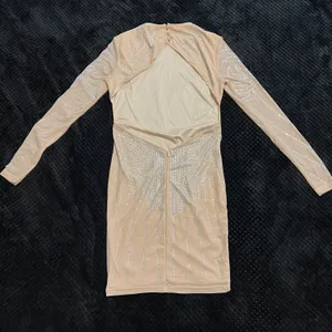 Rhinestone Open Back Mini Dress Slim Fit Mock Neck Backless Long Sleeve Tan Dress Party Dress Prom Wedding thumbnail 10