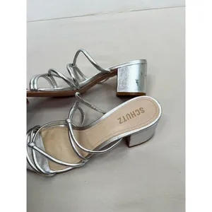Schutz Silver Strappy Design Block Heel Open Toe Sandal Leather Womens Size 8.5B thumbnail 7