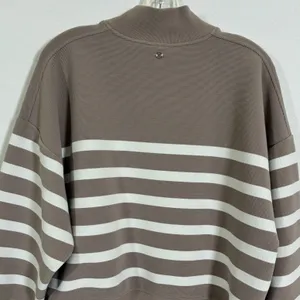CALIA Womens M Taupe White Striped Mock Neck Cropped Pullover Sweatshirt thumbnail 7