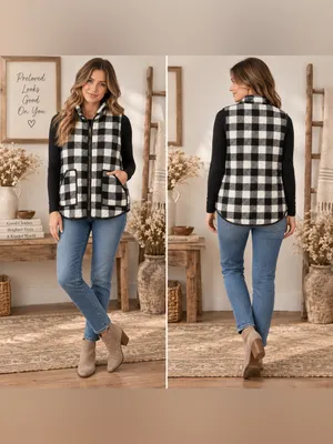 Black & White Buffalo Plaid Quilted Vest - Classic Layering thumbnail 2