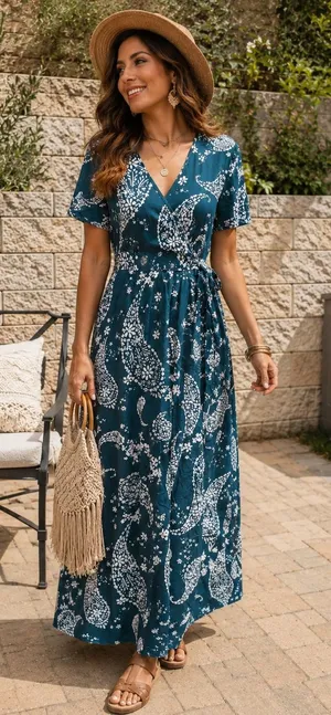 Patrons of Peace‎ Teal Paisley Faux Wrap Maxi Dress Short Sleeve Small J2083F58 thumbnail 1