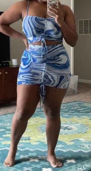 Blue Marble Ruched Crop Top & Mini Skirt Set thumbnail 3