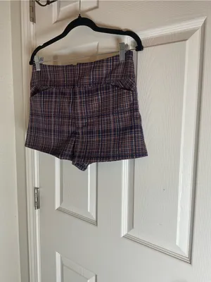 Free People Isla Plaid High Waisted Trouser Shorts Brown Navy Size 4 thumbnail 3