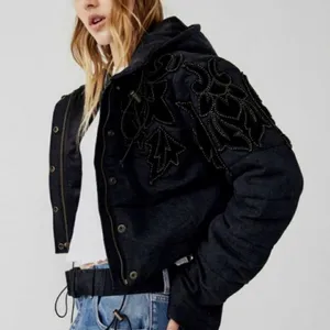 Free People RARE Fleur de Lis Black Denim Hoodie Puffer Jacket Medium NEW thumbnail 2