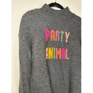 Lou & Grey Party Animal Mock Neck Sweater Gray XS Graphic Knit Pullover Fun‎ thumbnail 2