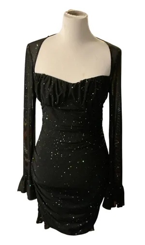 Glam Sparkle Mesh Mini Dress Open Back Ruched Bell Sleeve Halter Neck Black thumbnail 2