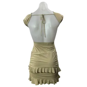 Lioness Olive Green Khaki Short Cap Sleeve Open Back Ruffle Tiered Mini Dress S thumbnail 2
