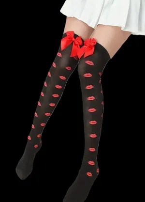 Lips Kiss Mesh Thigh High Stockings Bow Decor Valentines Day Over The Knee Socks thumbnail 1