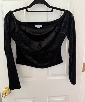 Topshop Black Velvet Long Sleeve Crop Top Size 8 thumbnail 1