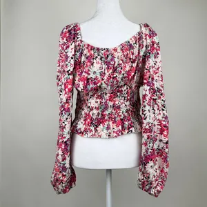 ASTR The Label Floral Smocked Long Sleeve Peplum Blouse Elastic Waist Size M thumbnail 4