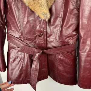 Vintage Leather Rabbitt Fur Trim Trench Tie Jacket Sz 5/6 Maroon Y2K Mob Wife thumbnail 6