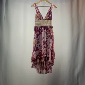 Free People V Neck High Low‎ Midi Dress in Purple Floral Size 2 thumbnail 3