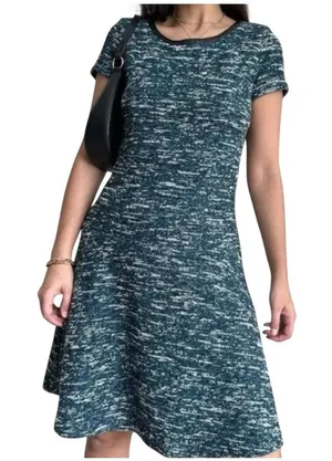 Talbots Tweed Fit & Flare Dress 6 Teal Blue‎ Faux Leather Trim Short Sleeve thumbnail 1