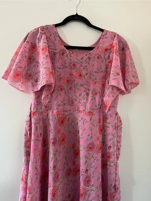 Pink Floral Flutter Sleeve Midi Dress 8 Cottagecore Feminine Church Modest thumbnail 2