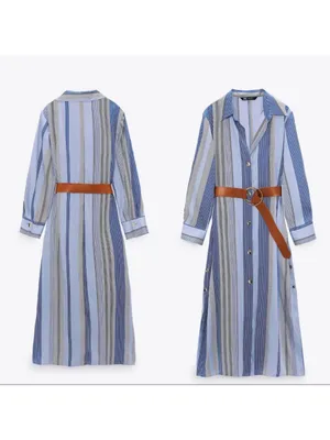 Zara Blue and Gray Multi-Stripe Button-Front Midi Shirt Dress with Brown Belt thumbnail 2