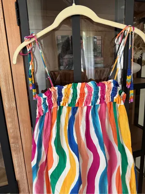 FARM RIO Maxi Dress rainbow colorful Wavy Dancing Stripes Beaded Tassel thumbnail 8