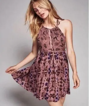 FREE PEOPLE Sleeveless Keyhole Boho Mauve Floral Babydoll Swing Slip Dress 882 thumbnail 1