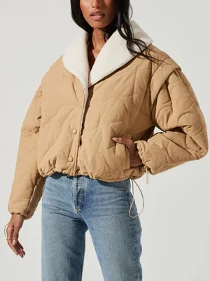 ASTR The Label Nadine Quilted Faux Shearling Jacket Tan Size Medium thumbnail 1