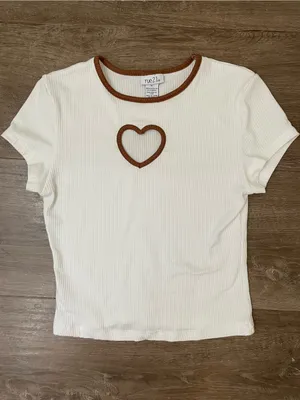 Rue 21 Baby Doll Top Heart Cut Out Size M White Ribbed Brown Trim Y2K 2000s thumbnail 11