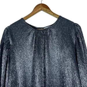 Loft Shimmer Metallic Pleated Blouse Silver Holiday Party Puff Sleeve Size L thumbnail 3