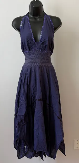 Shoreline Cotton Boho Beachy Relaxed Fairy Ethereal Halter Handkerchief Dress OS thumbnail 1