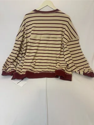 Striped Henley Pullover Sweatshirt in Ivory & Burgundy - Women thumbnail 3