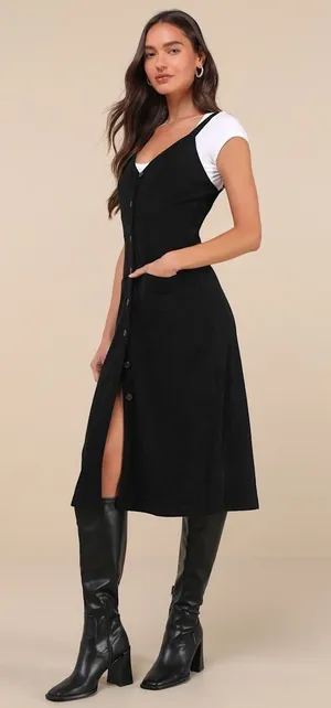 NWT Lulus Certainly the Sweetest Black Corduroy Button-Front Midi Dress Size S thumbnail 1