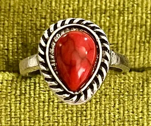 Boho/Design Red Turquoise Teardrop Shape Silver Band Size 6 thumbnail 1
