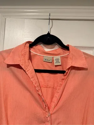L.L. Bean Size 1X Pink Stripe Ruffle Front Lightweight Cotton Button Down Shirt thumbnail 2