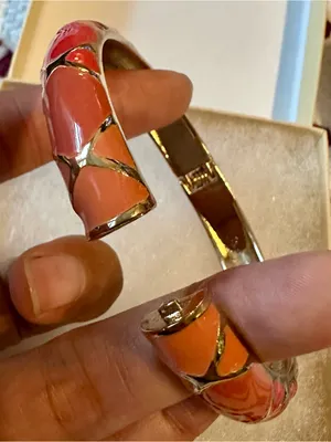 Sequin silver cross orange pink Coral Enamel Hinged Bangle Bracelet new in box thumbnail 3