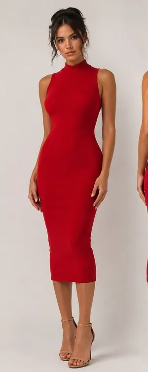 Red Ribbed Bodycon Mini Dress XS Sleeveless Mock Neck Stretch Fitted Chic thumbnail 1