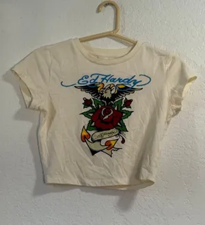 Ed Hardy Ladies Cropped Tee Size M Eagle Rose Anchor shirt top thumbnail 1